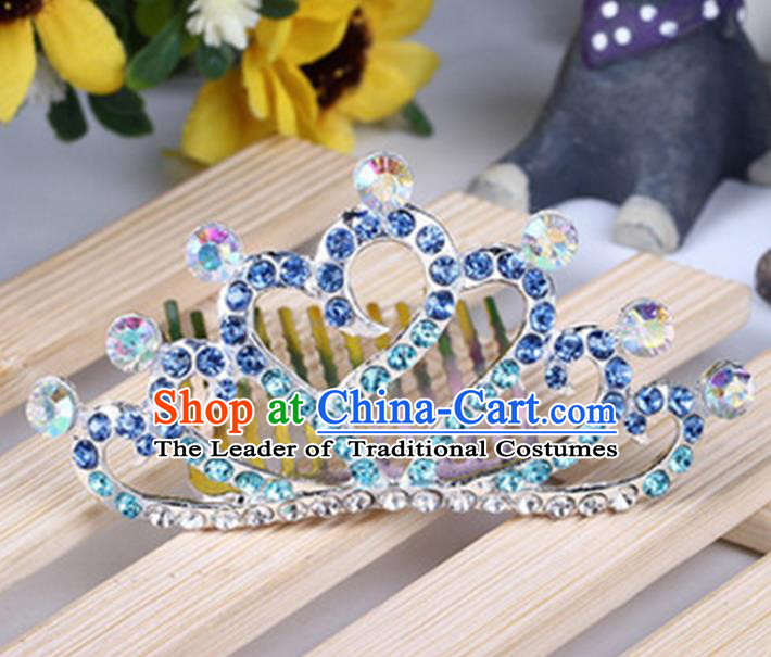 Top Grade Handmade Classical Hair Accessories, Children Baroque Style Blue Crystal Baby Princess Little Alloy Heart-shaped Royal Crown Twist Inserted Comb Hair Comb Jewellery for Kids Girls