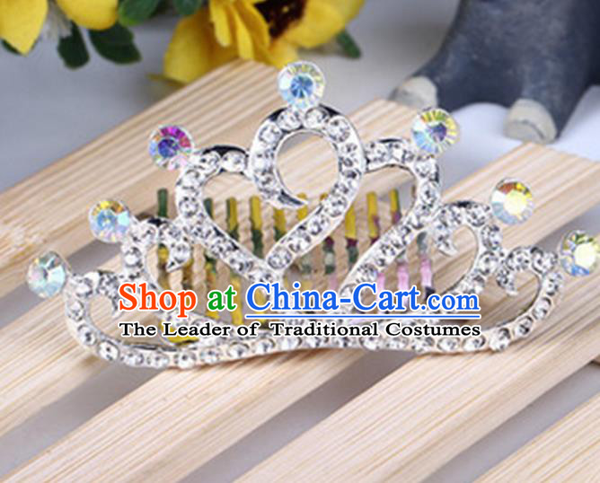 Top Grade Handmade Classical Hair Accessories, Children Baroque Style White Crystal Baby Princess Little Alloy Heart-shaped Royal Crown Twist Inserted Comb Hair Comb Jewellery for Kids Girls