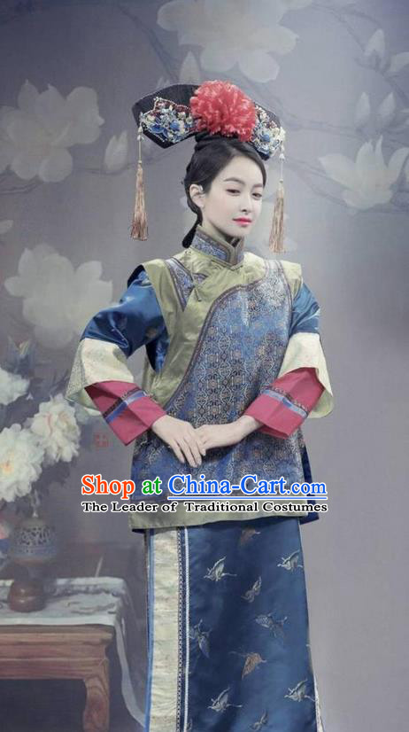 Traditional Ancient Chinese Qing Dynasty Princess Costume and Handmade Headpiece Complete Set, Chinese Manchu Princess Dress Imperial Consort Clothing for Women