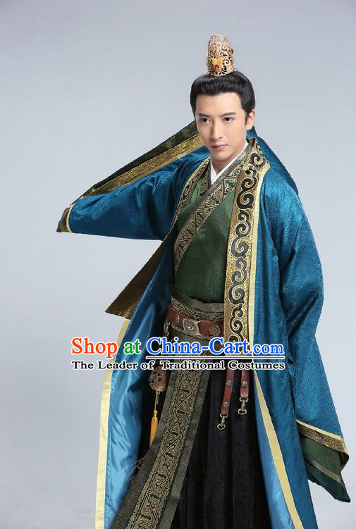 Traditional Chinese Ancient Prince Costume and Headwear Complete Set, Tokgo World China Northern and Southern Dynasties Nobility Childe Hanfu Clothing for Men