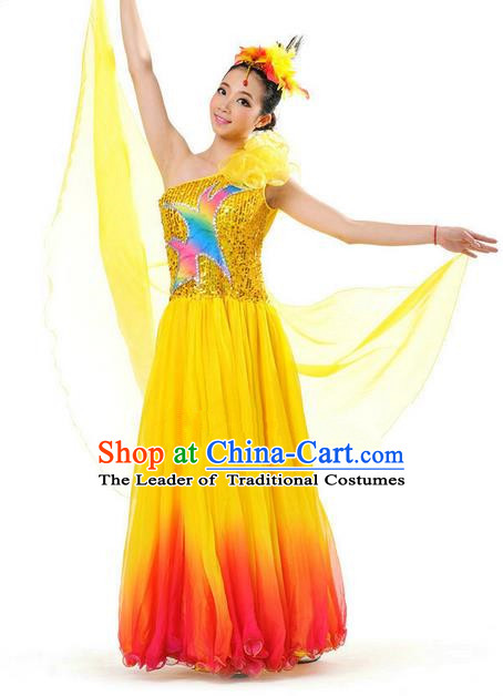 Chinese Classic Stage Performance Chorus Singing Group Dance Costumes, Opening Dance Competition Yellow Dress, Classic Dance Clothing for Women