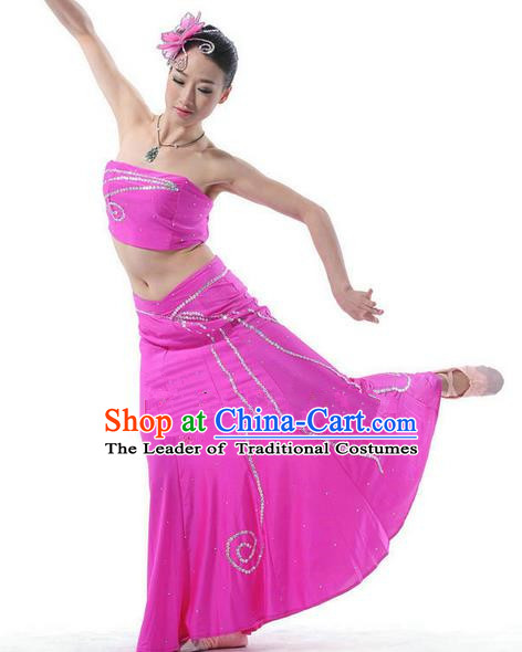 Traditional Chinese Dai Nationality Peacock Dancing Costume, Folk Dance Ethnic Costume, Chinese Minority Nationality Dancing Pink Dress for Women