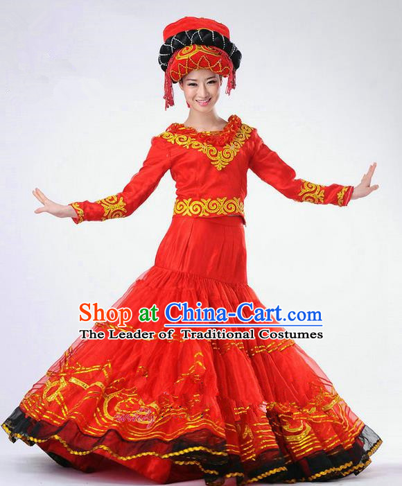 Traditional Chinese Yi Nationality Dancing Costume, Yi Zu Female Folk Dance Ethnic Red Pleated Skirt, Chinese Yi Minority Nationality Embroidery Costume for Women