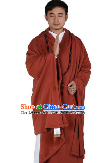 Top Kung Fu Costume Martial Arts Orange Red Cloak Pulian Zen Clothing, Tai Ji Mantle Gongfu Shaolin Wushu Tai Chi Meditation Hooded Cape for Men