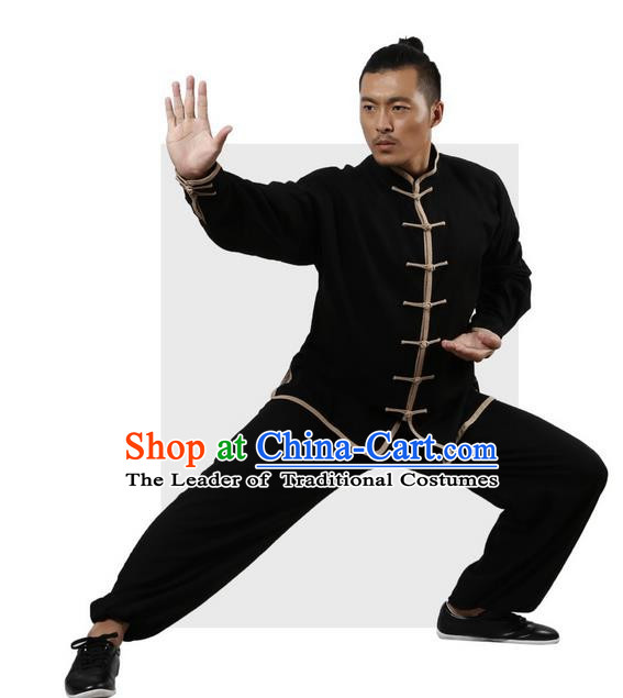 Top Grade Kung Fu Costume Martial Arts Black Grey Edge Suits Pulian Zen Clothing, Training Costume Tai Ji Uniforms Gongfu Shaolin Wushu Tai Chi Plated Buttons Clothing for Men