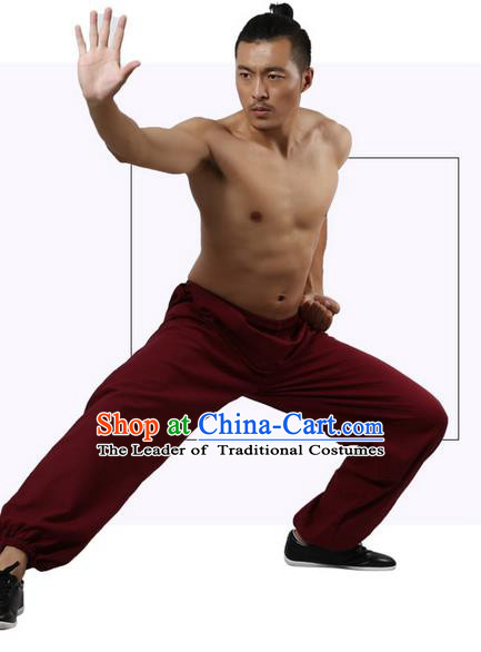 Top Grade Kung Fu Costume Martial Arts Wine Red Linen Pants Pulian Zen Clothing, Training Bloomers Gongfu Trousers Shaolin Wushu Tai Chi Plus Fours for Men