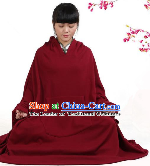 Top Kung Fu Costume Martial Arts Saffron Hooded Cloak Pulian Clothing, Tai Ji Mantle Gongfu Shaolin Wushu Tai Chi Meditation Cape for Women