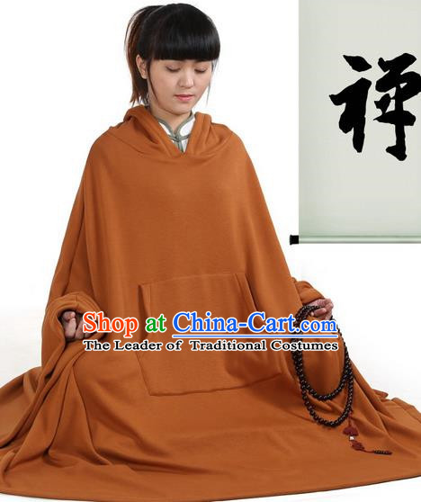 Top Kung Fu Costume Martial Arts Coffee Ywllow Hooded Cloak Pulian Clothing, Tai Ji Mantle Gongfu Shaolin Wushu Tai Chi Meditation Cape for Women