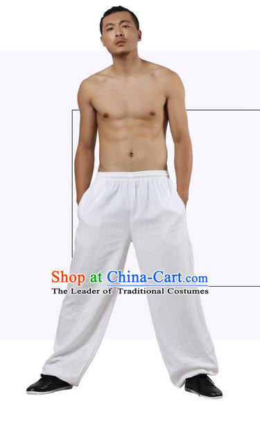 Top Grade Kung Fu Costume Martial Arts White Linen Pants Pulian Zen Clothing, Training Bloomers Gongfu Trousers Shaolin Wushu Tai Chi Plus Fours for Men