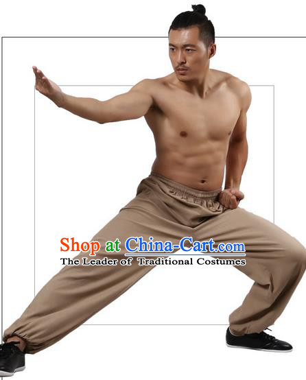 Top Grade Kung Fu Costume Martial Arts Khaki Linen Pants Pulian Zen Clothing, Training Bloomers Gongfu Trousers Shaolin Wushu Tai Chi Plus Fours for Men