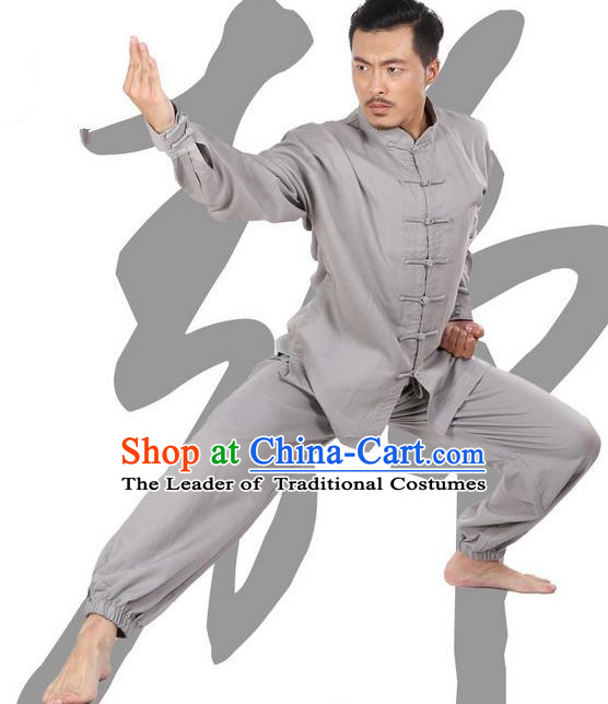 Top Grade Kung Fu Costume Martial Arts Light Grey Linen Suits Pulian Zen Clothing, Training Costume Tai Ji Meditation Uniforms Gongfu Wushu Tai Chi Plated Buttons Clothing for Men