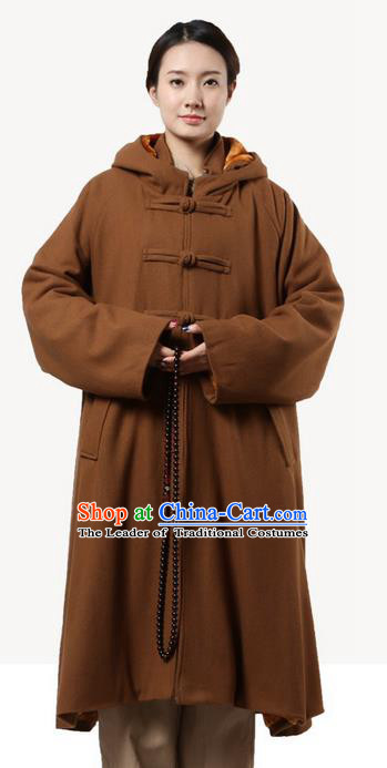 Top Grade Kung Fu Costume Martial Arts Woolen Pulian Clothing Light Tan Long Coat, Gongfu Shaolin Wushu Tai Chi Tang Suit Meditation Dust Coat for Women for Men