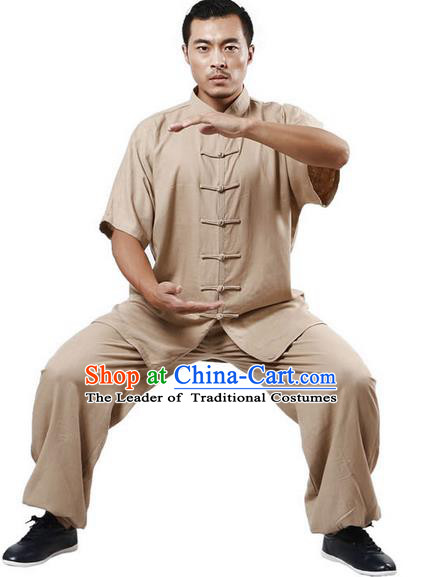 Traditional Chinese Kung Fu Costume Martial Arts Linen Khaki Suits Pulian Meditation Clothing, Tang Suit Plated Buttons Uniforms Tai Chi Clothing for Women for Men
