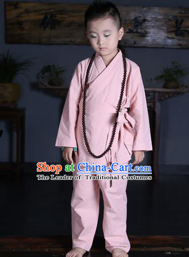 Traditional Chinese Kung Fu Costume Martial Arts Litter Monk Suits Pulian Meditation Clothing, Children Tang Suit Uniforms Tai Chi Pink Clothing for Kids