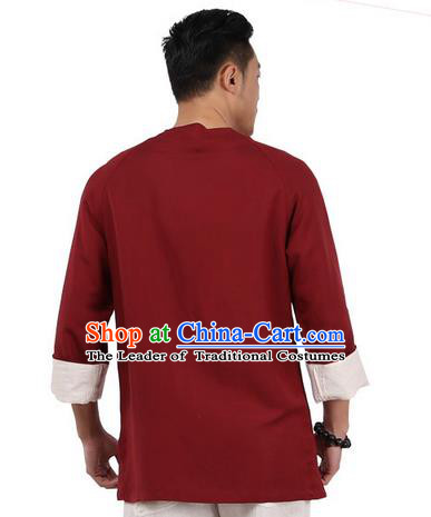 Traditional Chinese Kung Fu Costume Martial Arts Linen Plated Buttons Wine Red Shirts Pulian Clothing, China Tang Suit Jacket Tai Chi Meditation Upper Outer Garment for Men