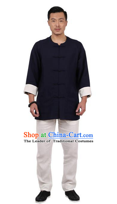 Traditional Chinese Kung Fu Costume Martial Arts Linen Plated Buttons Navy Shirts Pulian Clothing, China Tang Suit Jacket Tai Chi Meditation Upper Outer Garment for Men