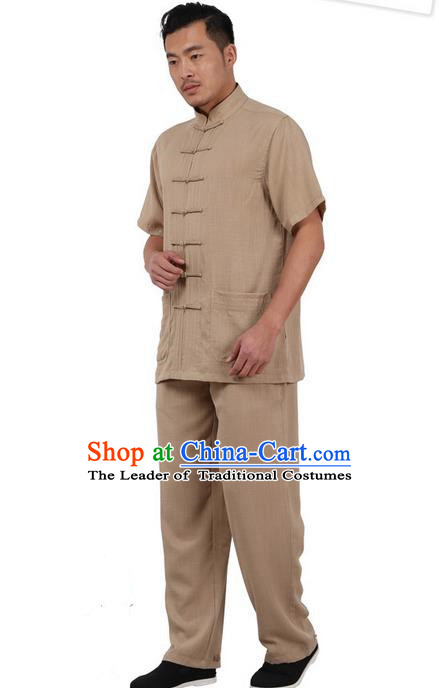Traditional Chinese Kung Fu Costume Martial Arts Linen Plated Buttons Short Sleeve Khaki Uniforms Pulian Clothing, China Tang Suit Tai Chi Meditation Clothing for Men