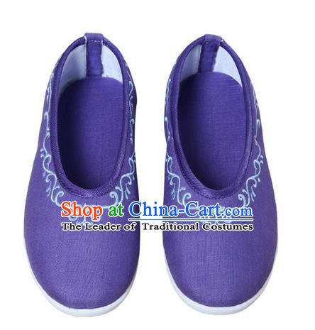 Top Chinese Traditional Tai Chi Embroidered Linen Shoes Kung Fu Pulian Shoes Martial Arts Purple Shoes for Women
