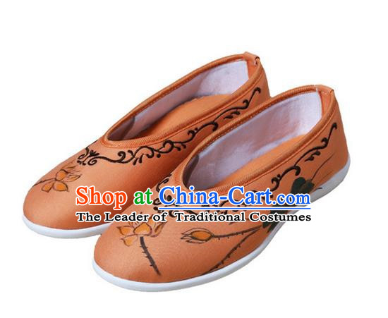 Top Chinese Traditional Tai Chi Embroidered Lotus Linen Shoes Kung Fu Pulian Shoes Martial Arts Orange Shoes for Women