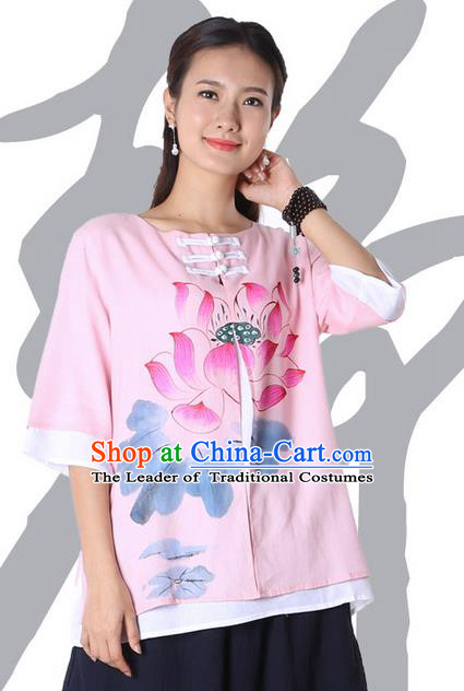 Top Chinese Traditional Costume Tang Suit Double-deck Pink Painting Lotus Blouse, Pulian Zen Clothing China Cheongsam Upper Outer Garment Plated Buttons Shirts for Women