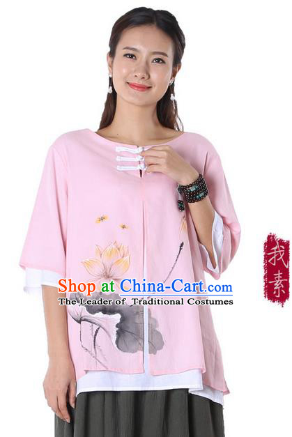 Top Chinese Traditional Costume Tang Suit Double-deck Pink Ink Painting Lotus Blouse, Pulian Zen Clothing China Cheongsam Upper Outer Garment Plated Buttons Shirts for Women