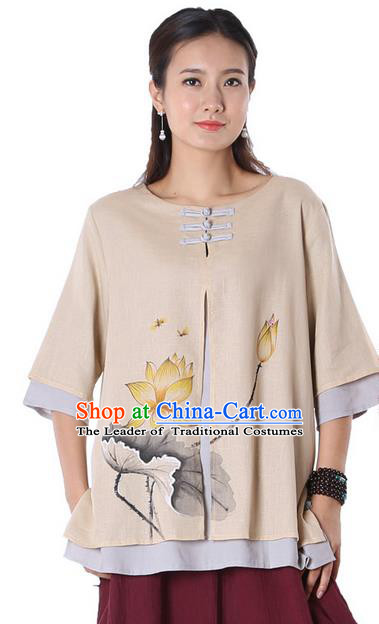 Top Chinese Traditional Costume Tang Suit Double-deck Khaki Ink Painting Lotus Blouse, Pulian Zen Clothing China Cheongsam Upper Outer Garment Plated Buttons Shirts for Women
