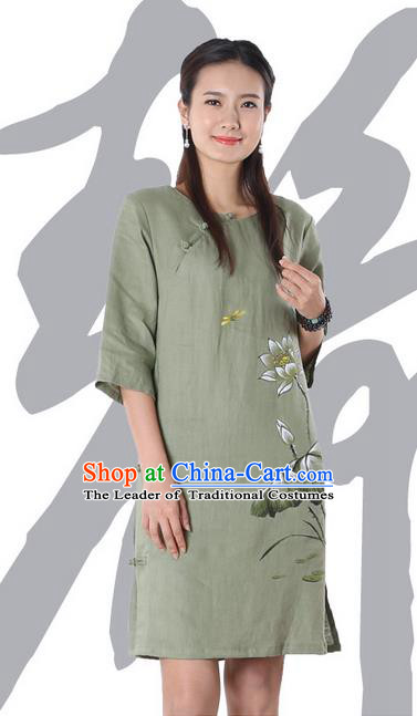 Top Chinese Traditional Costume Tang Suit Green Linen Qipao Painting Lotus Yoga Dress, Pulian Clothing Republic of China Cheongsam Upper Outer Garment Dress for Women