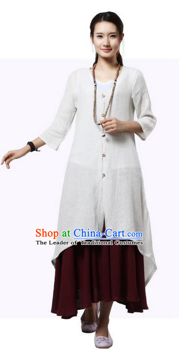 Top Chinese Traditional Costume Tang Suit White Linen Qipao Coats, Pulian Clothing Republic of China Upper Outer Garment Dust Coats for Women