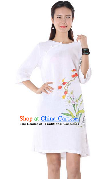 Top Chinese Traditional Costume Tang Suit White Linen Qipao Painting Daffodil Yoga Dress, Pulian Clothing Republic of China Cheongsam Upper Outer Garment Dress for Women