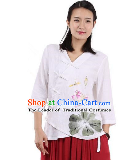 Top Chinese Traditional Costume Tang Suit Slant Opening Painting Lotus White Blouse, Pulian Zen Clothing China Cheongsam Upper Outer Garment Plated Buttons Shirts for Women