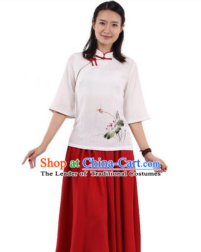 Top Chinese Traditional Costume Tang Suit White Red Edge Painting Lotus Blouse, Pulian Zen Clothing China Cheongsam Upper Outer Garment Slant Opening Shirts for Women