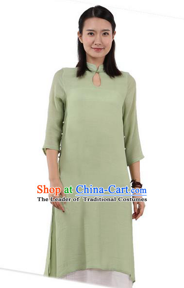 Top Chinese Traditional Costume Tang Suit Linen Double-deck Qipao Dress, Pulian Zen Clothing Republic of China Cheongsam Upper Outer Garment Green Dress for Women