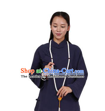 Top Chinese Traditional Costume Tang Suit Linen Upper Outer Garment Navy Blouse, Pulian Zen Clothing Republic of China Cheongsam Shirts for Women