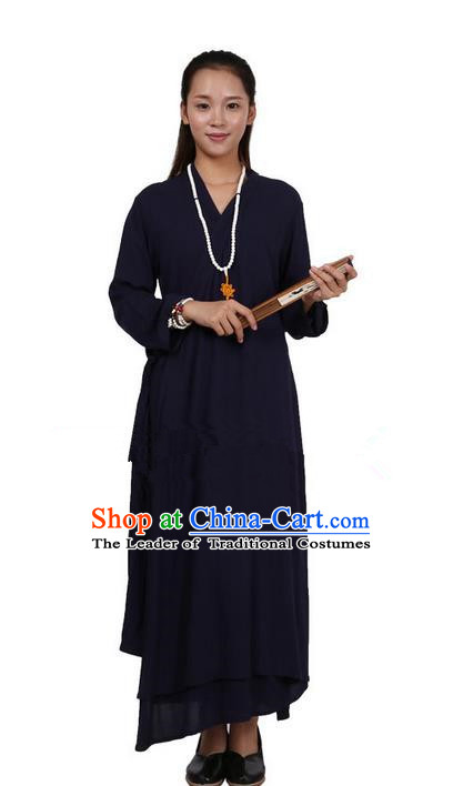 Top Chinese Traditional Costume Tang Suit Linen Upper Outer Garment Qipao Dress, Pulian Zen Clothing Republic of China Cheongsam Navy Dress for Women