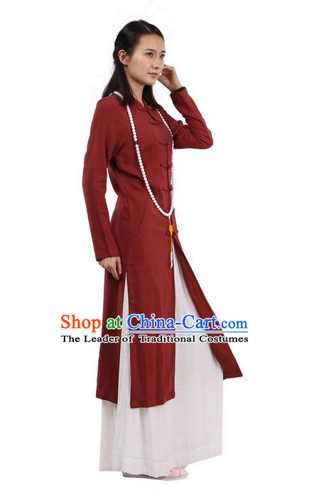 Top Chinese Traditional Costume Tang Suit Plated Buttons Linen Outer Garment Coats, Pulian Zen Clothing Republic of China Cheongsam Red Dust Coat for Women