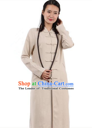 Top Chinese Traditional Costume Tang Suit Plated Buttons Linen Outer Garment Coats, Pulian Zen Clothing Republic of China Cheongsam Beige Dust Coat for Women