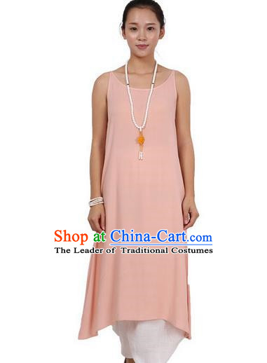 Top Chinese Traditional Costume Tang Suit Linen Sundress, Pulian Zen Clothing Republic of China Pinafore Dress Pink Dress for Women