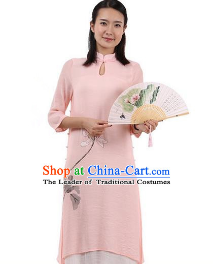 Top Chinese Traditional Costume Tang Suit Linen Double-deck Qipao Dress, Pulian Zen Clothing Republic of China Cheongsam Upper Outer Garment Painting Lotus Pink Dress for Women