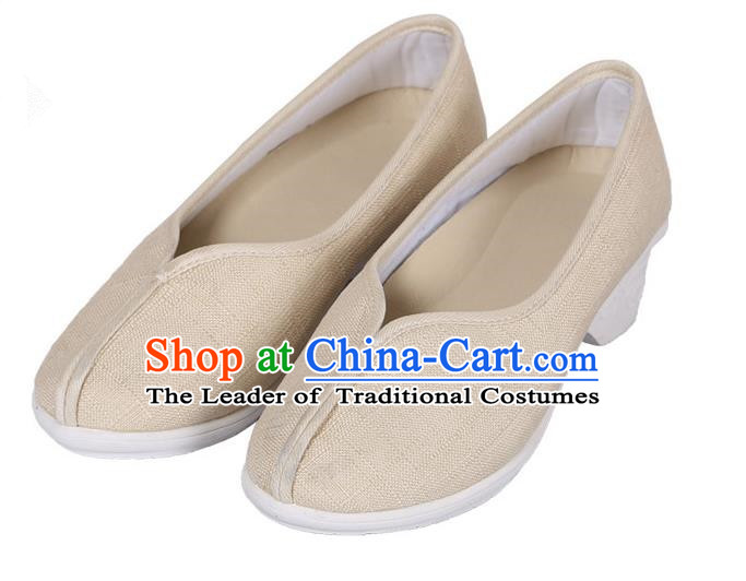 Top Chinese Traditional Linen High-heeled Shoes, Pulian Zen Shoes China Martial Art Beige Cloth Shoe for Women