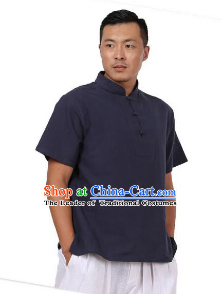 Traditional Chinese Kung Fu Costume Martial Arts Linen Plated Buttons Navy Shirts Pulian Meditation Clothing, China Tang Suit Upper Outer Garment for Men