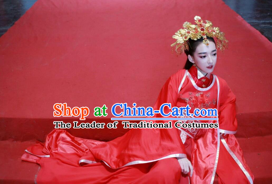 Traditional Chinese Ancient Princess Wedding Costume and Headpiece Complete Set, Chinese Teleplay Flower Shabana Flyings Sky Song Dynasty Palace Lady Red Dress Clothing for Women