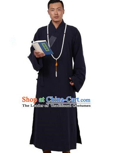 Traditional Chinese Kung Fu Costume Martial Arts Monk Robes Pulian Meditation Clothing, China Tang Suit Shaolin Wushu Navy Frock for Men