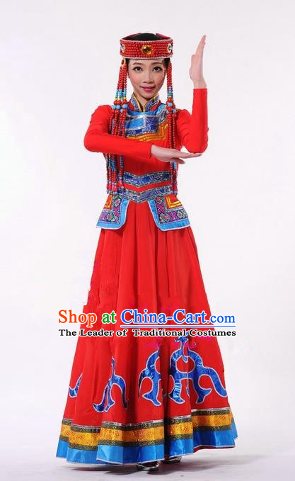 Traditional Chinese Mongol Nationality Dance Costume, Mongols Female Folk Dance Ethnic Pleated Skirt, Chinese Mongolian Minority Nationality Red Dress Clothing for Women
