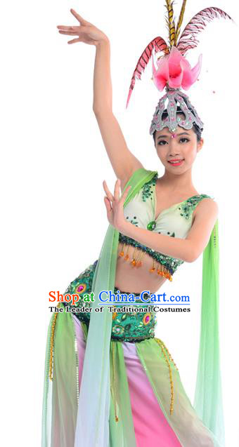 Traditional Chinese Classical Dance Fan Dancing Costume, Folk Dance Drum Dance Uniform Yangko Dance Green Dress for Women