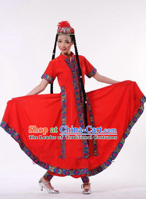 Traditional Chinese Uyghur Nationality Dancing Costume, Folk Dance Ethnic Red Clothing, Chinese Minority Nationality Uigurian Dance Dress for Women