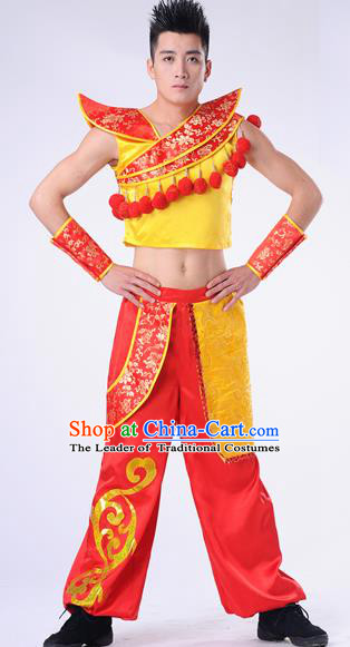 Traditional Chinese Classical Dance Yangge Fan Dance Costume, Folk Dance Drum Dance Uniform Yangko Clothing Complete Set for Men