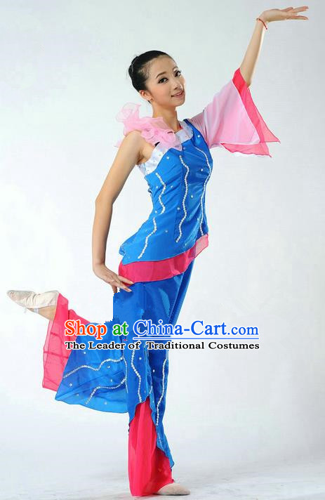 Traditional Chinese Classical Dance Yangge Fan Dancing Mandarin Sleeve Costume, Folk Dance Drum Dance Uniform Yangko Blue Clothing for Women