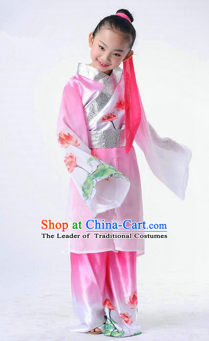 Traditional Chinese Classical Dance Peking Opera Performance Costume, Children Folk Dance Uniform Lotus Dance Pink Clothing for Kids