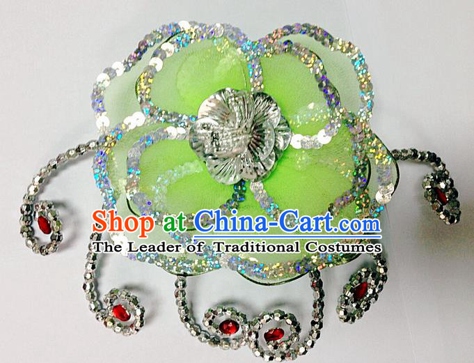 Traditional Chinese Folk Dance Headwear Yangko Hair Accessories, Chinese Classical Dance Green Flower Headpiece Hair Pin for Women