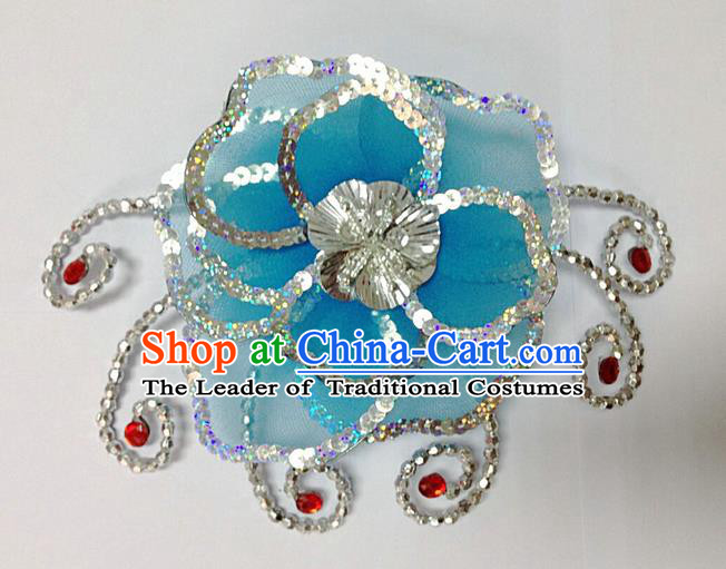 Traditional Chinese Folk Dance Headwear Yangko Hair Accessories, Chinese Classical Dance Light Blue Flower Headpiece Hair Pin for Women